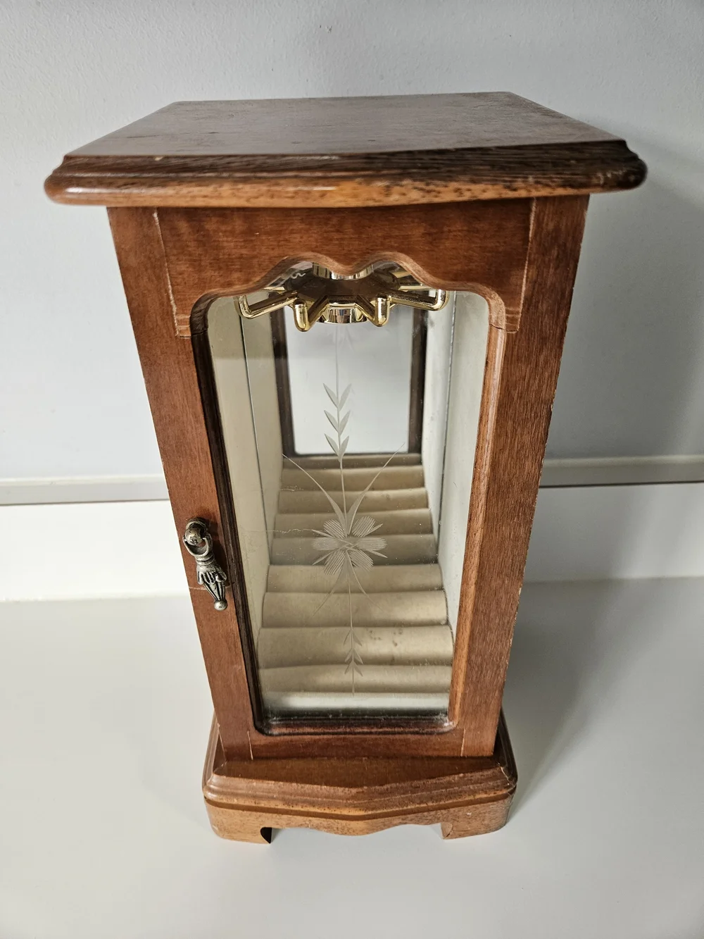 VINTAGE Wood Armoire Jewelry Box Etched Flower Glass Door